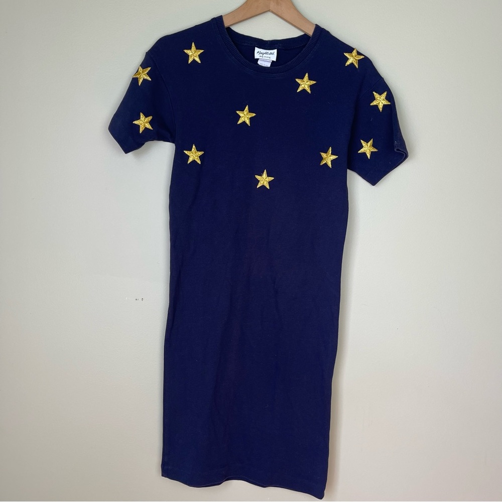 Vintage Bodycon Tee Dress in Blue with Gold Star front and back Size 2 Petite
